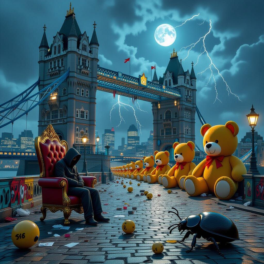 Dilapidated Tower Bridge with Graffiti and Surreal Teddy Bea...