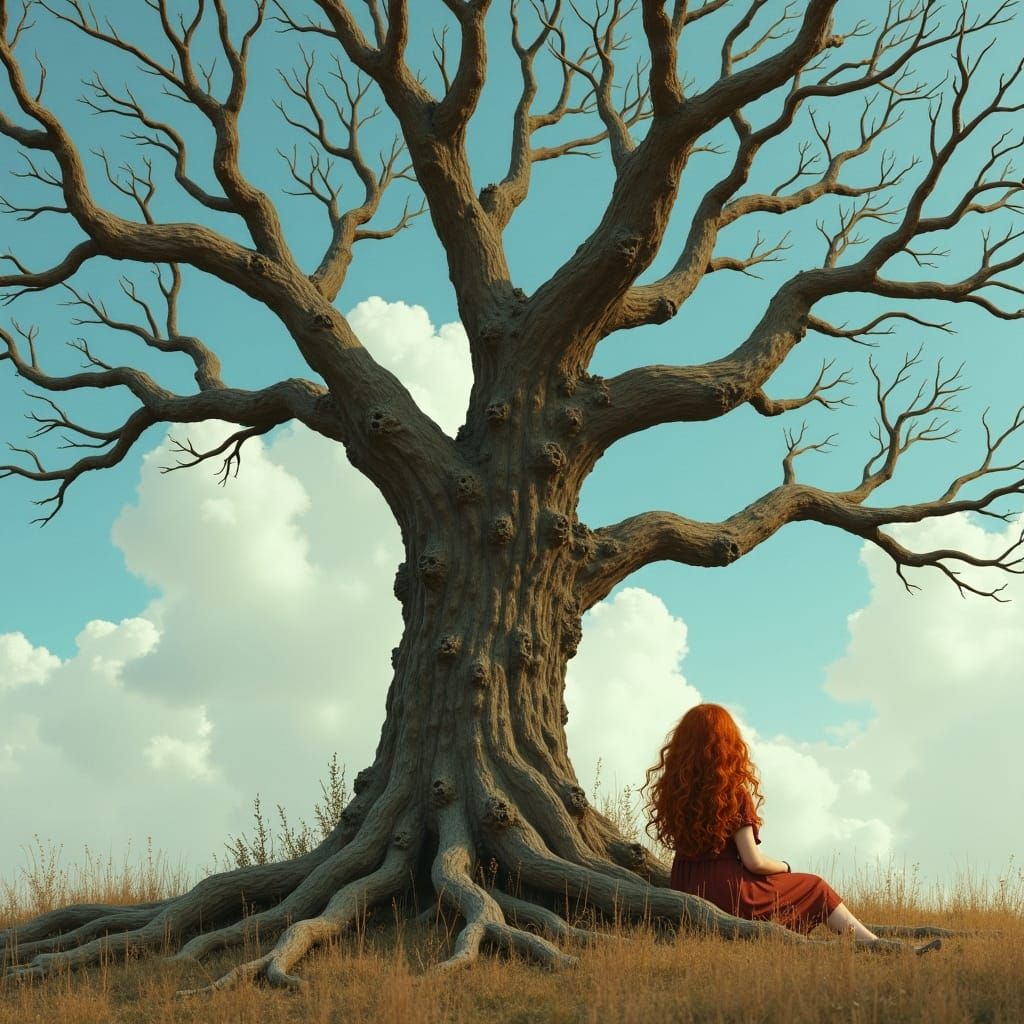 Girl at Base of Barren Tree in Surreal Style