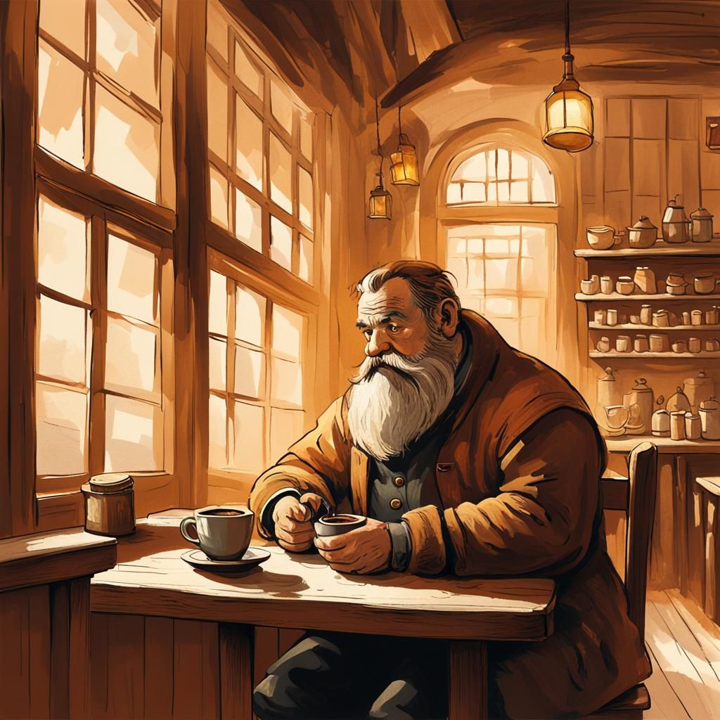 Cozy Cafe: Dwarf Sipping Coffee in Sfumato Style
