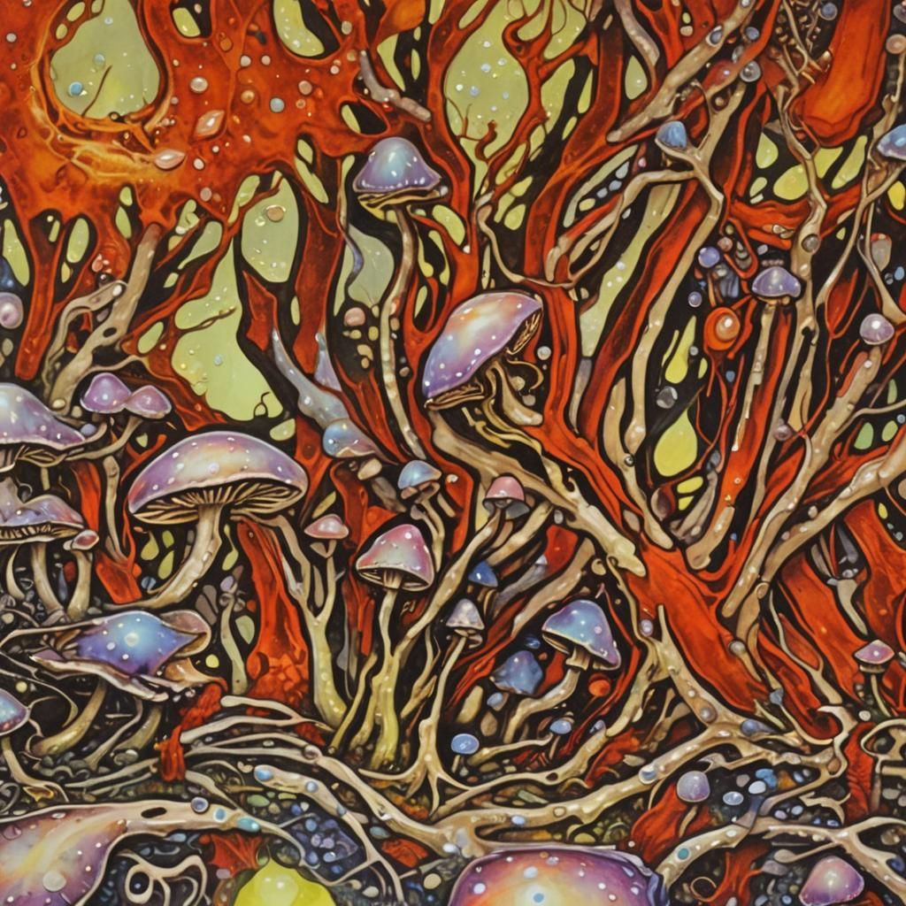 Surreal Psychedelic Mushroom and Ant in Dream Forest