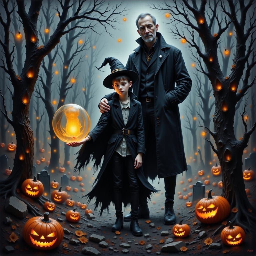 Whimsical Necromancer Boy and Ghost Dog with Father in Grave...