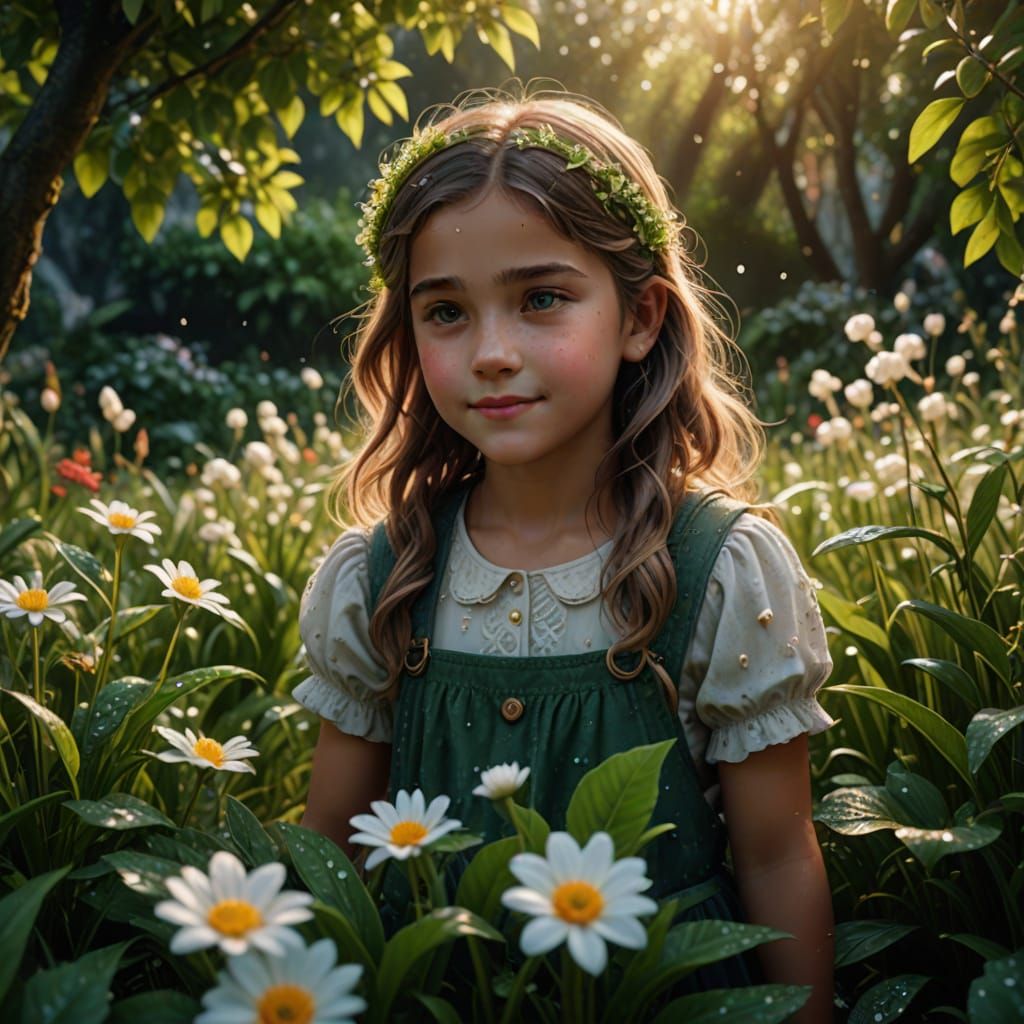 Surreal Whimsical Garden Scene in Golden Hour