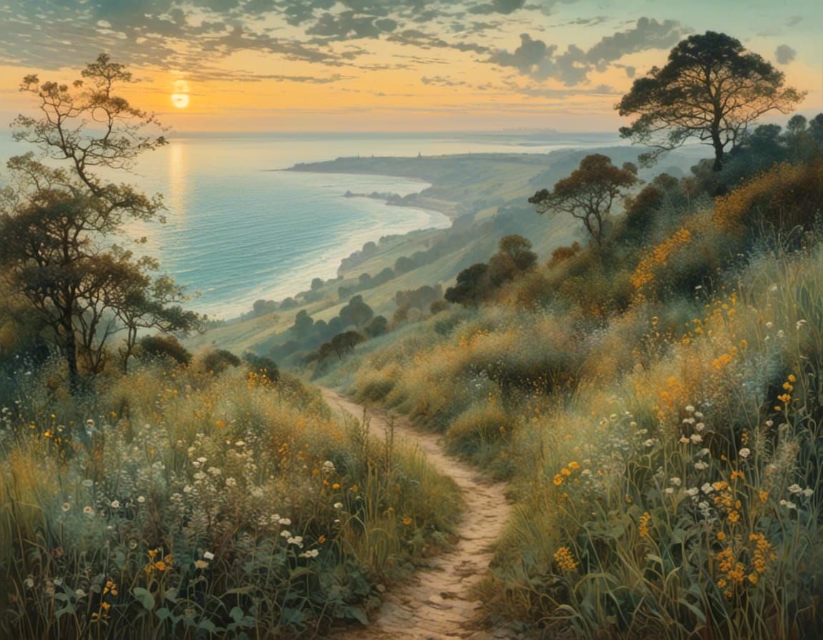 Seaside Hiking Trail at Daybreak in Tonalist Style