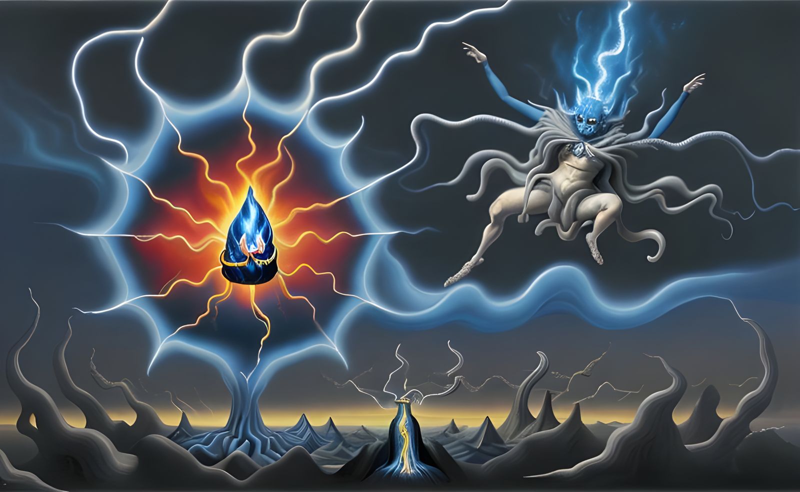 Surreal Wizard vs. Demon in Melting Oil Paint
