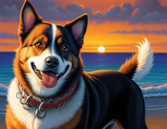 Happy Dog Playing at Sunset: Oil Painting