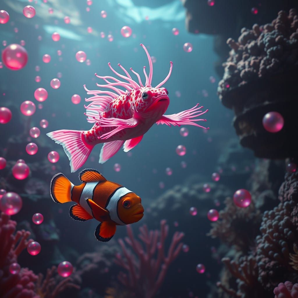 Axolotl Leaps Over Clownfish in Vibrant Red Sea Scene
