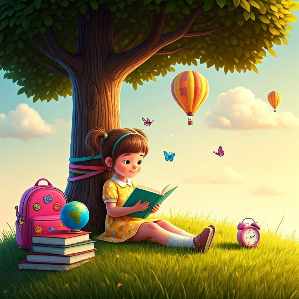 Girl Reading Book on Hillside in Pixar-Inspired 3D Art