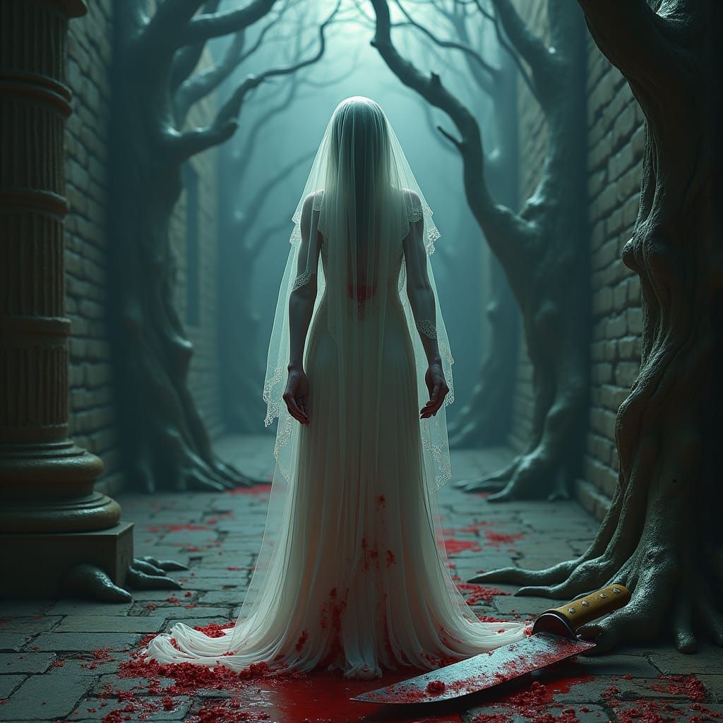 Spectral Bride in Blood-Soaked Wedding Dress