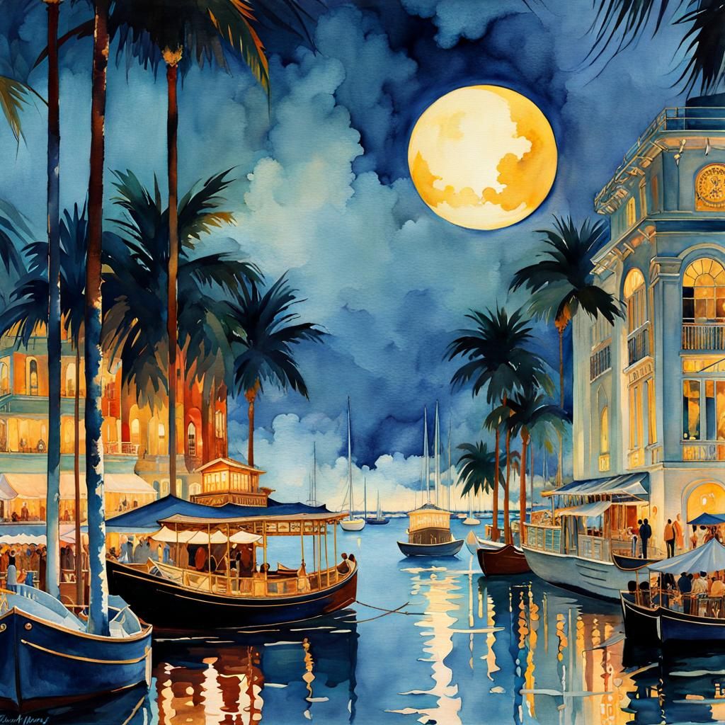 Art Deco Miami Night Scene with Kintsugi