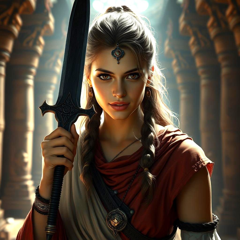 Priestess with Obsidian Knife in Ancient Temple