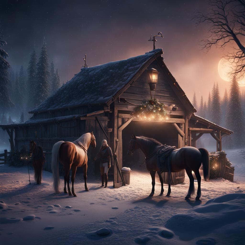 Winter Night: Horses in Old Stable, Matte Painting