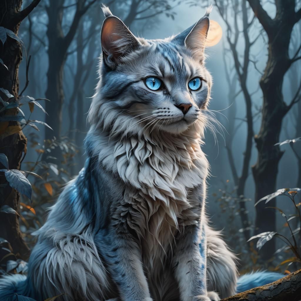 Silver-Blue Cat in Misty Forest: Fantasy Concept Art