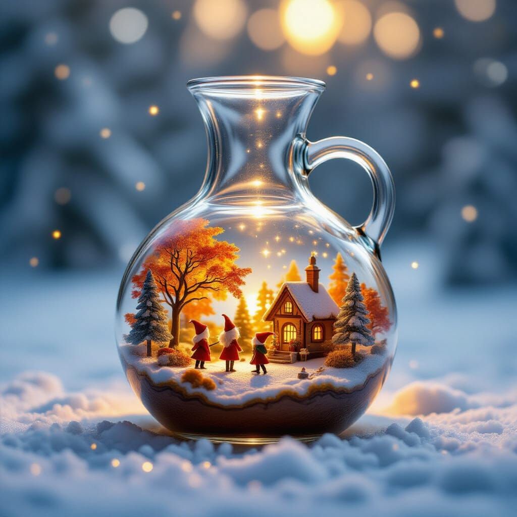 Miniature Autumn Elves in Carafe, Winter Setting