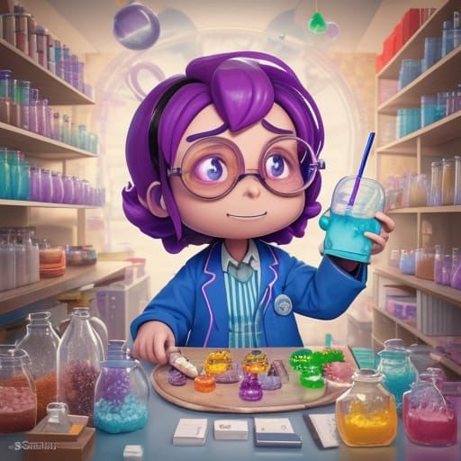 A chibi scientist in a lab filled with bubbling beakers of s...