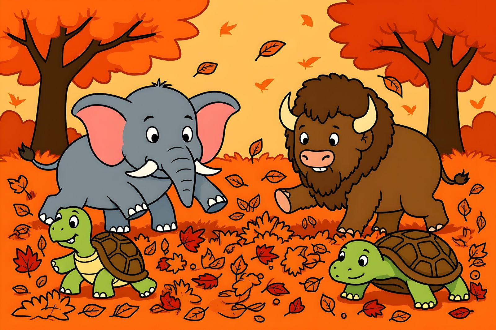 Playful Animals Tumble Through Autumn Leaves in Retro Cartoo...