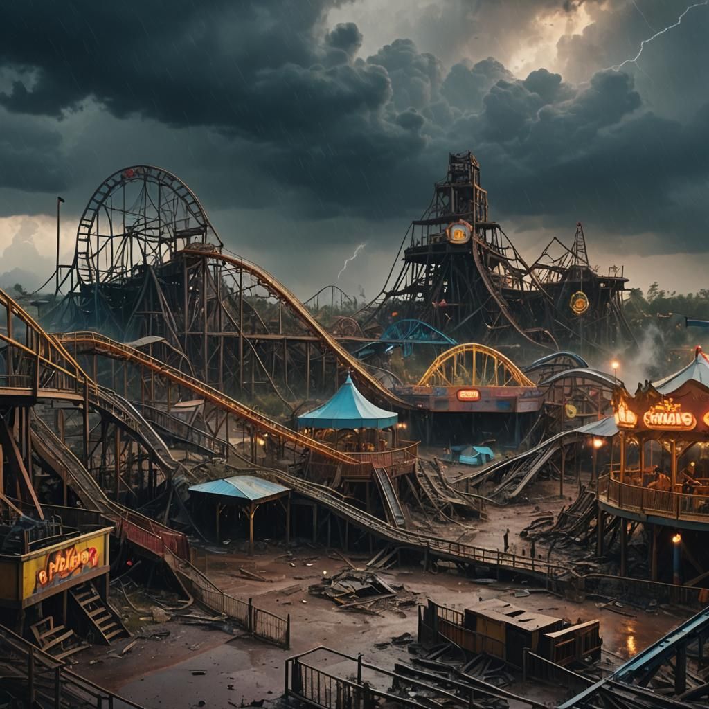 Apes in Ruined Amusement Park During Storm