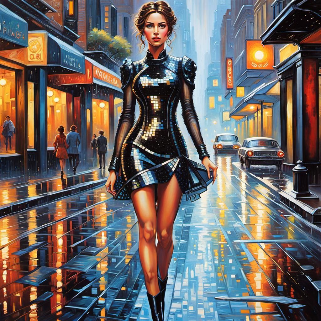 Sensual Beauty in Futuristic Rainy Cityscape