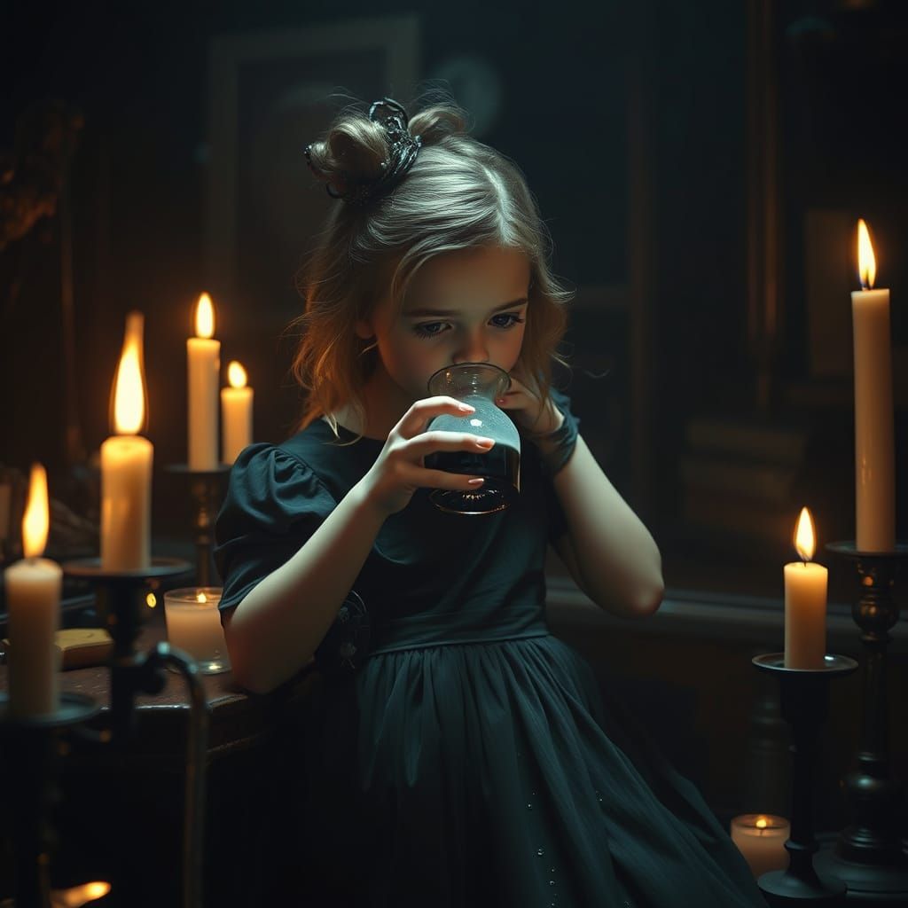 Girl Sips Potion in Candlelight: Ethereal Dark Art