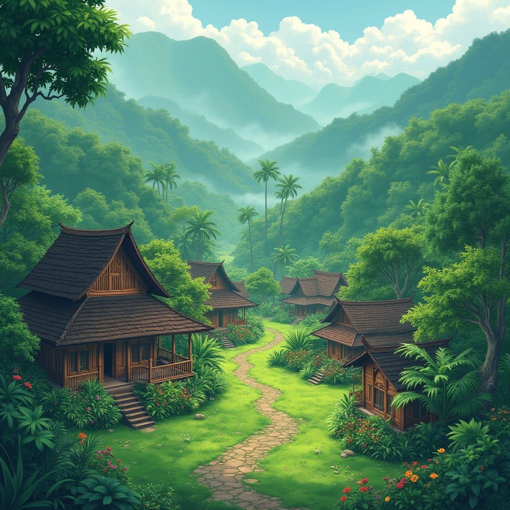 Lush Javanese Village in Studio Ghibli Style