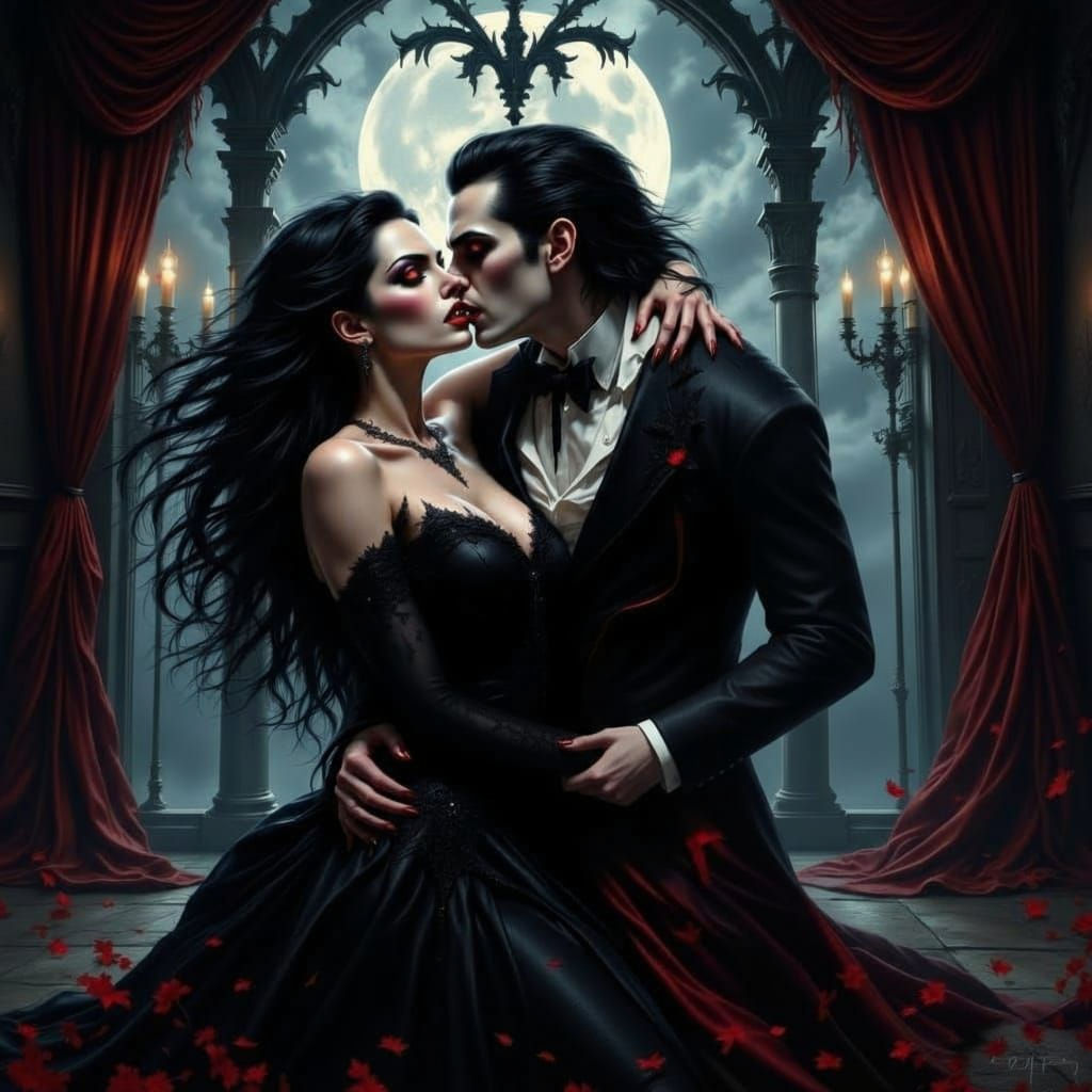 Gothic Vampiress Holds Victim in Moonlit Castle