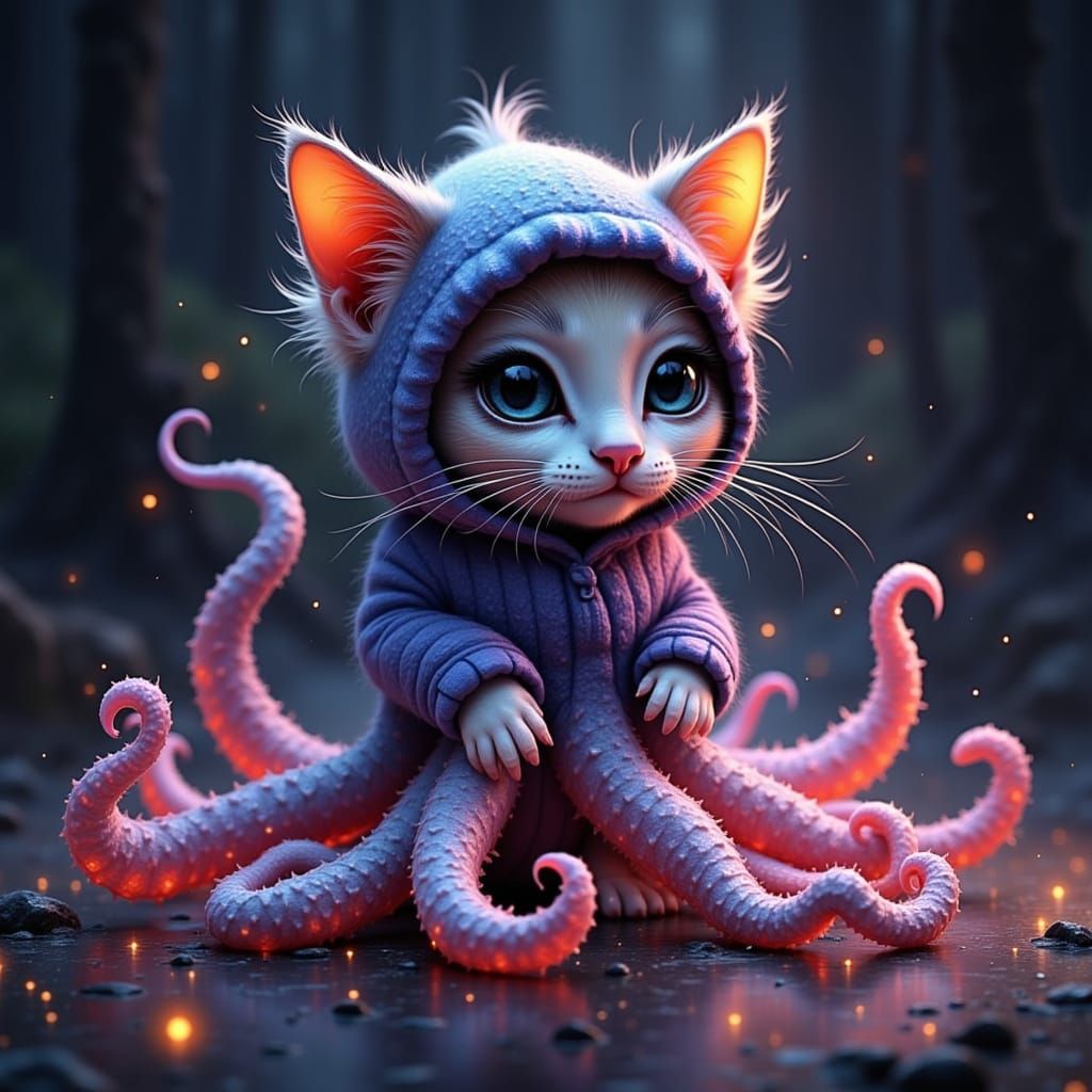 Cute Tabby Kitten with Squid Tentacles