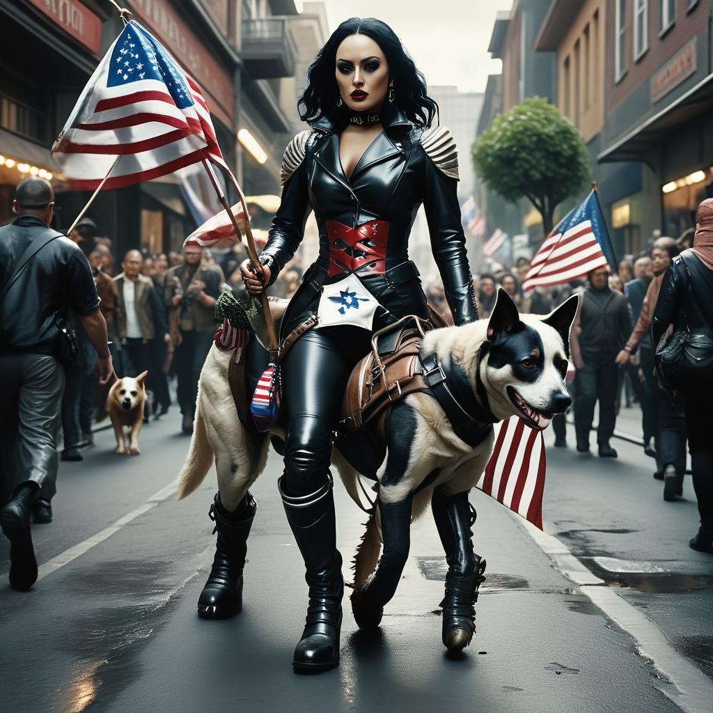 Woman with Dog Carries US Flag: Cinematic Still