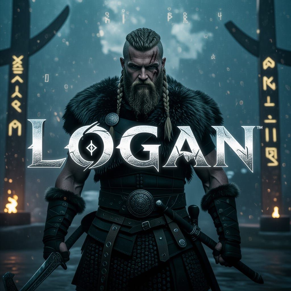 Epic Viking Warrior & 'LOGAN' Text in Realistic Style