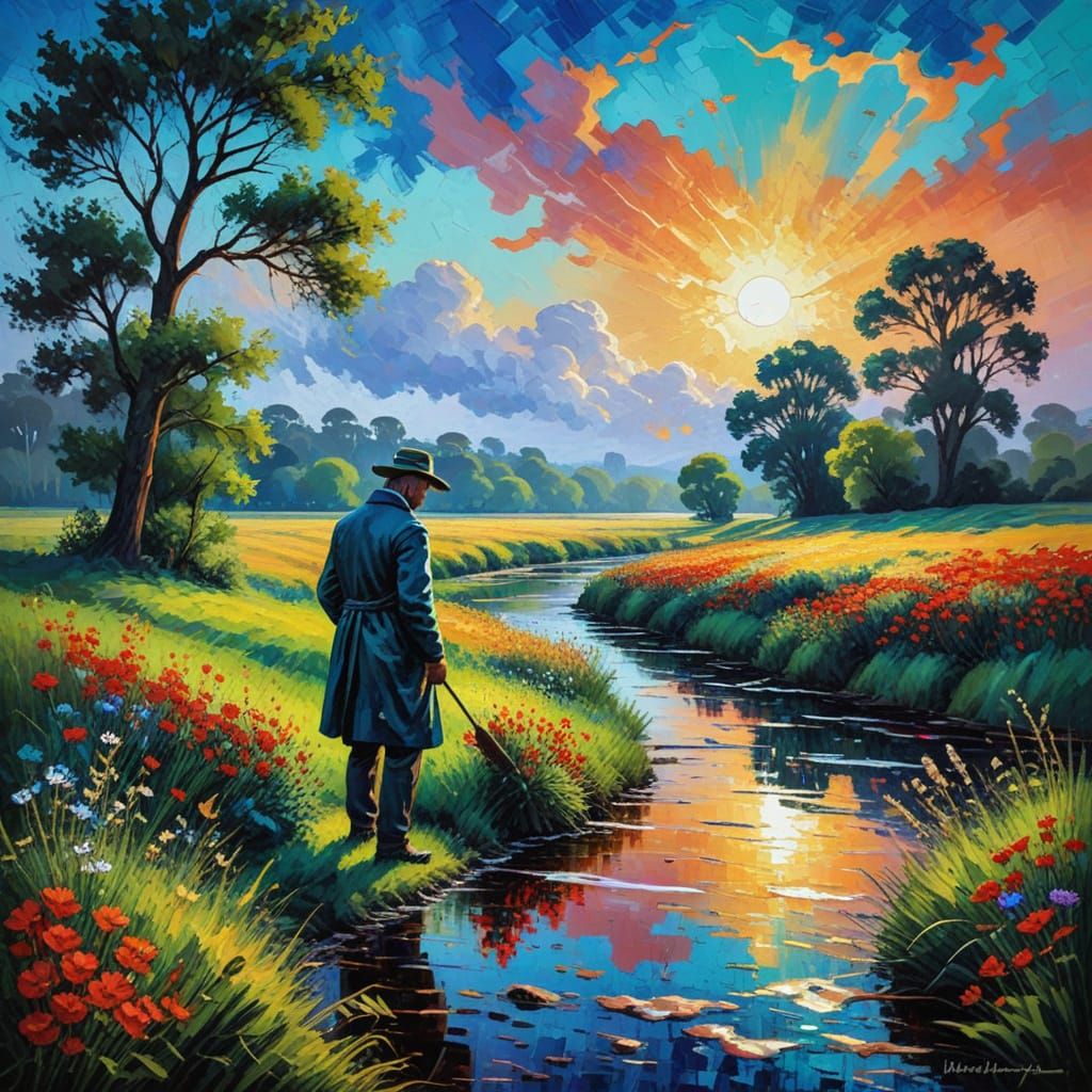 Commuter by Riverbank in Impressionist Style Oil Painting