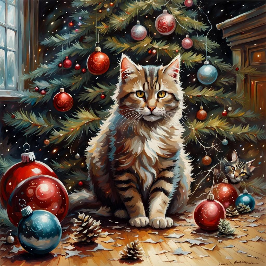 Mischievous Cat Destroys Christmas Tree in Dark Fantasy