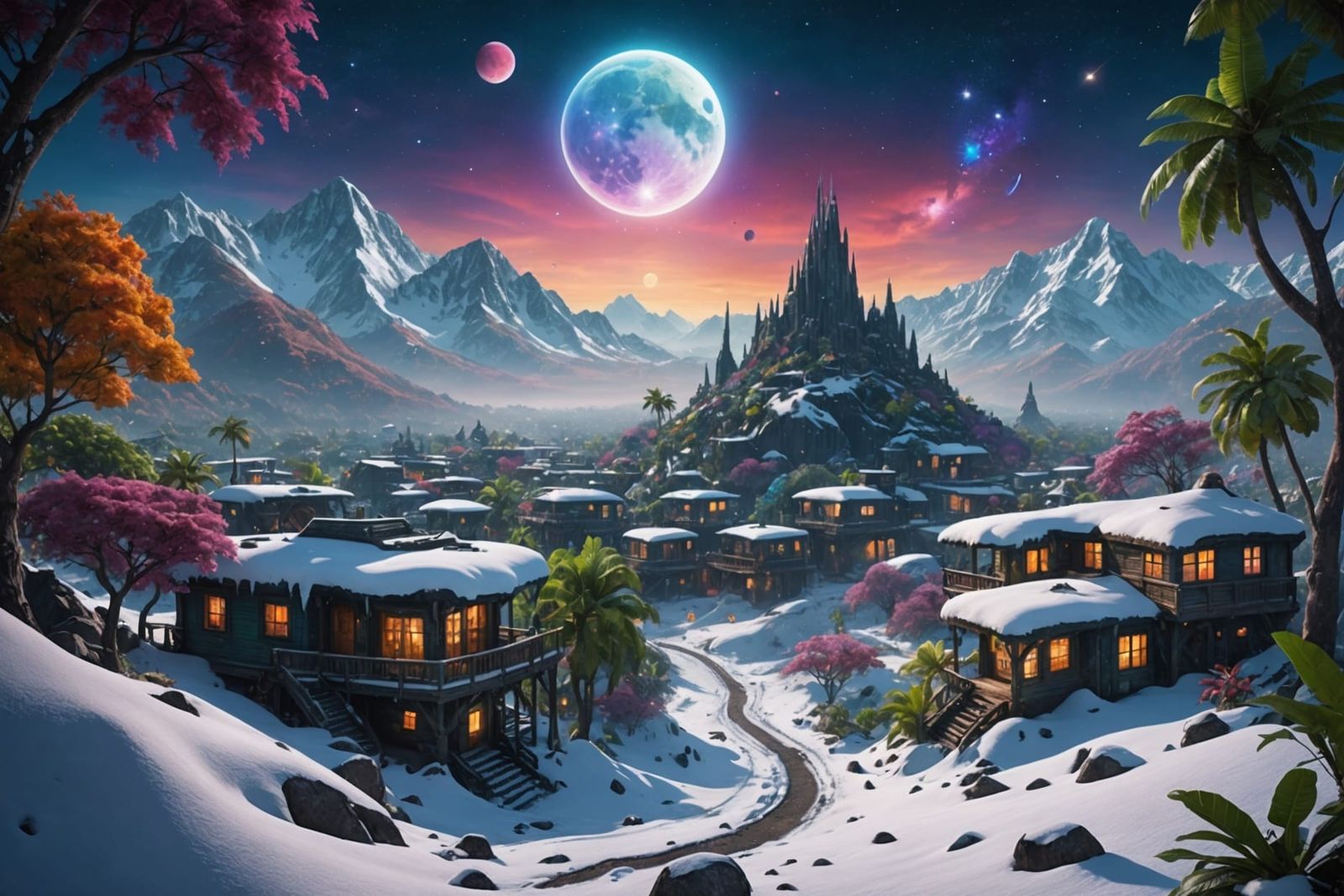 Alien Town in Snowy Jungle Under Colorful Moon