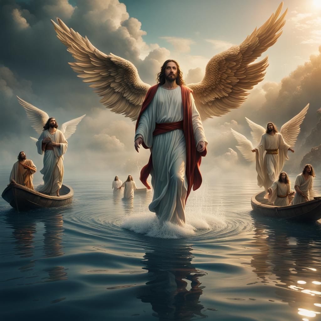Jesus Walking on Water with Angels in Matte Painting Style