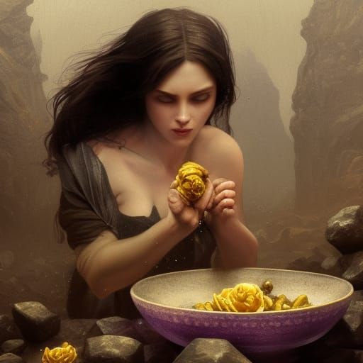 Detailed HD photo of the strange woman eating a bowl of rock...