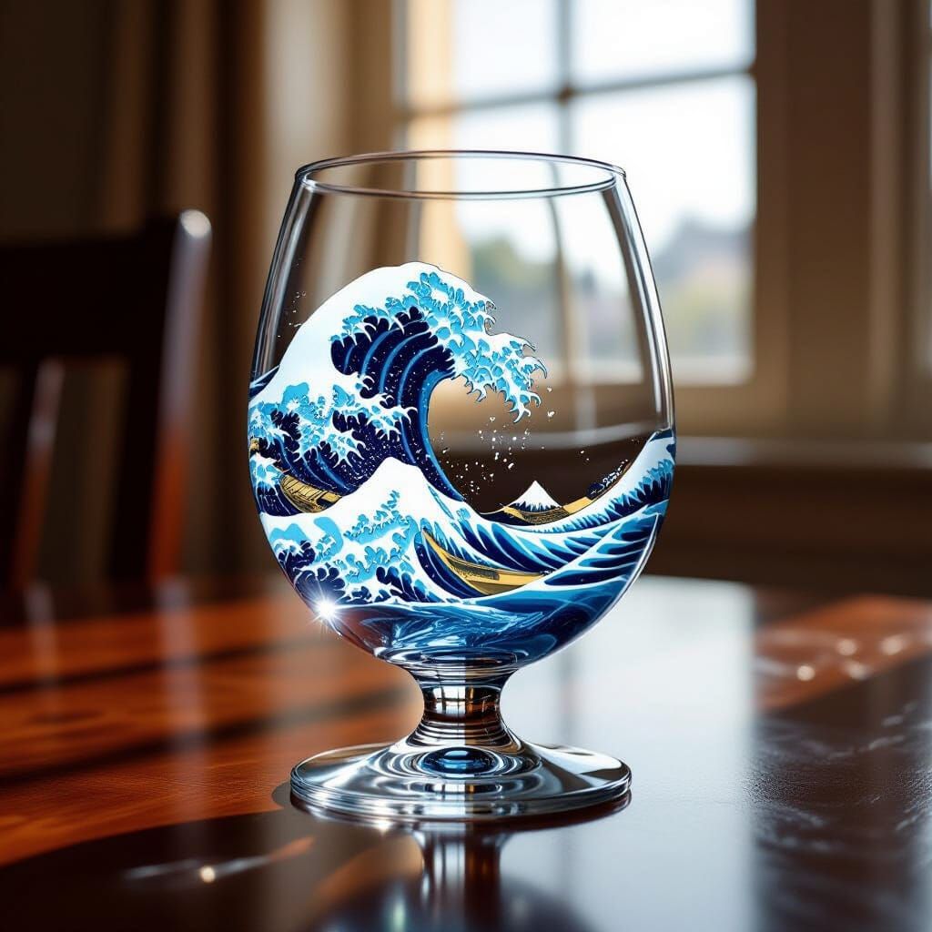 Tsunami Wave in Wine Glass on Desk - Realistic Photography