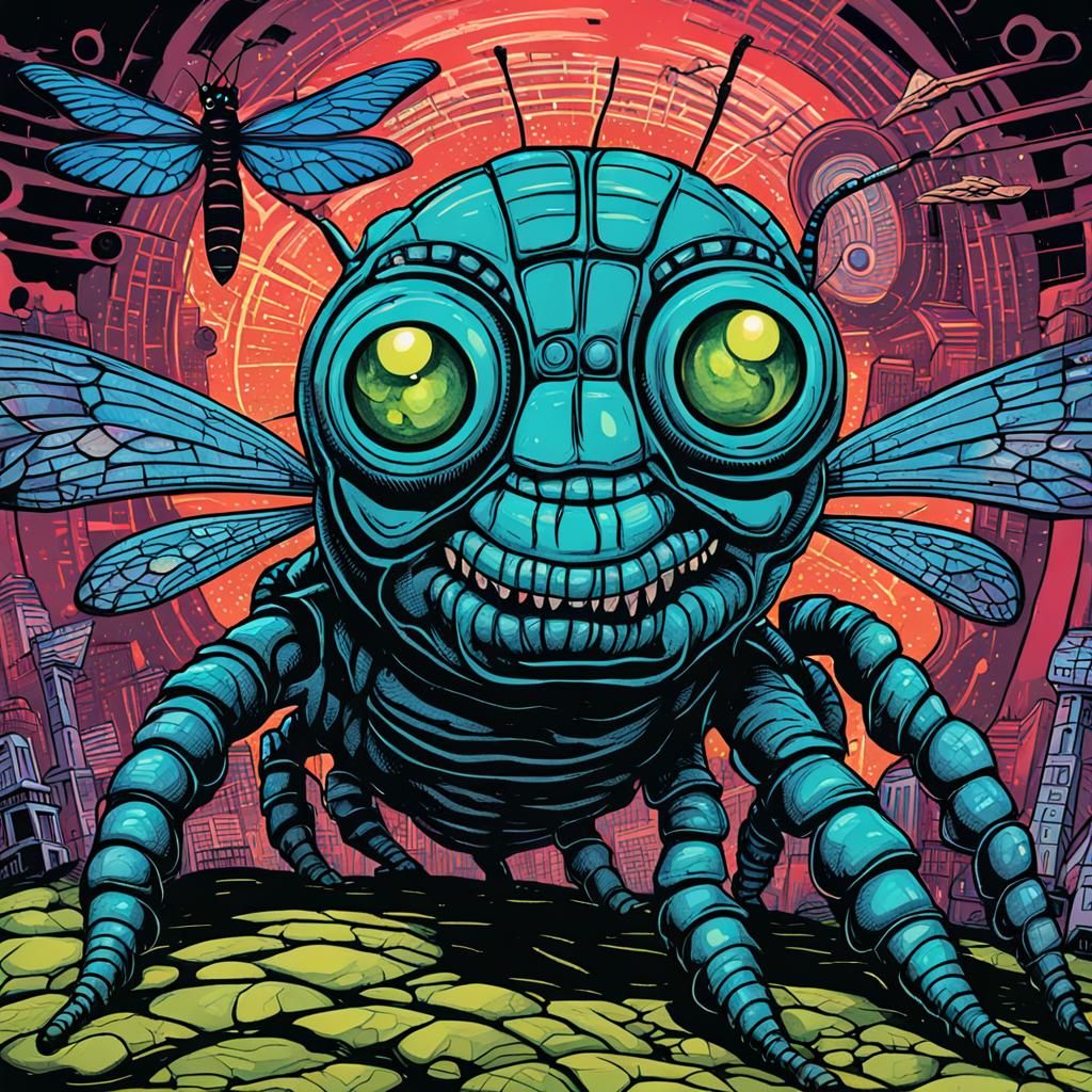 Hybrid Insect-Reptile Creature in Retrofuturistic Style