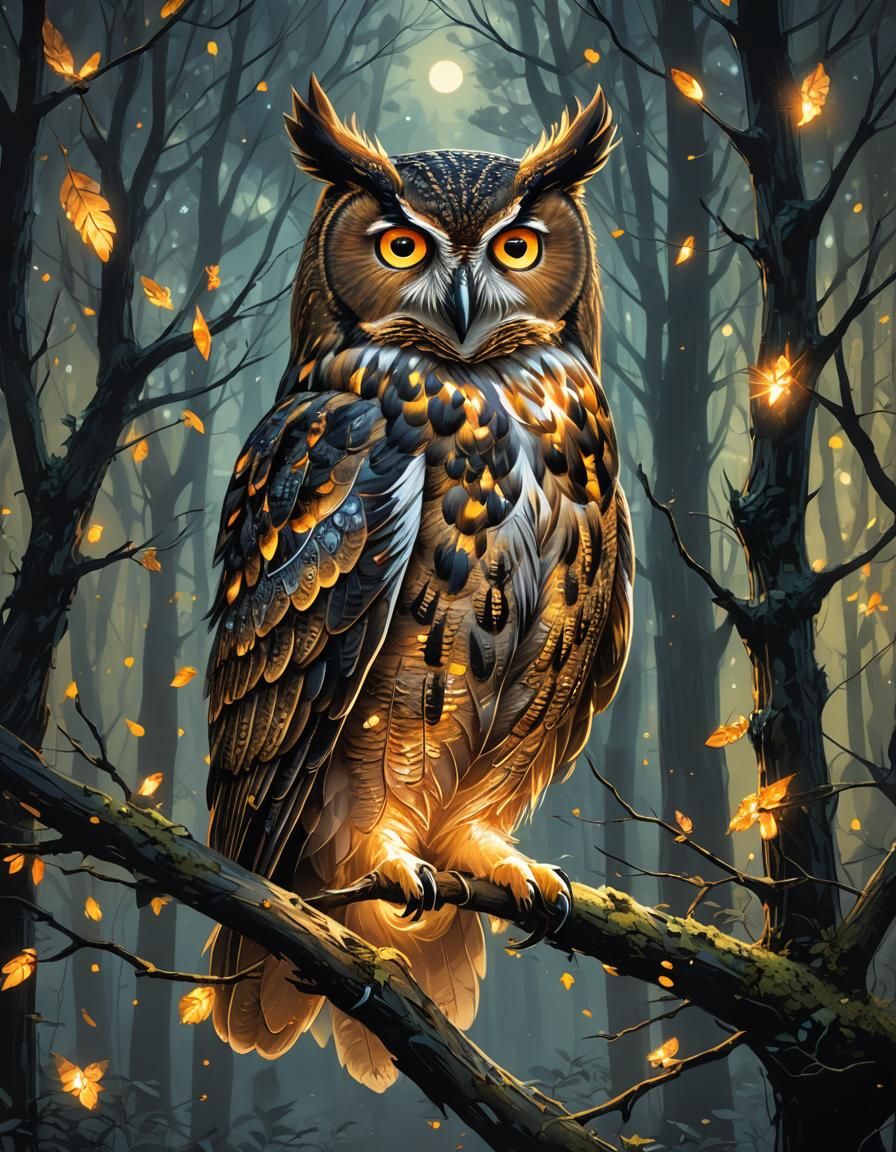 Mystical Owl with Glowing Eyes in Dark Forest
