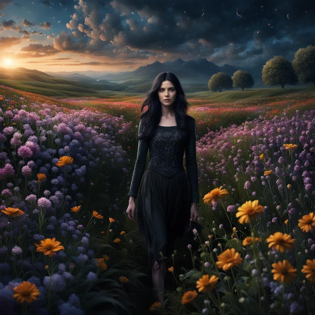 Midnight Bloom: A Woman in a Floral Field