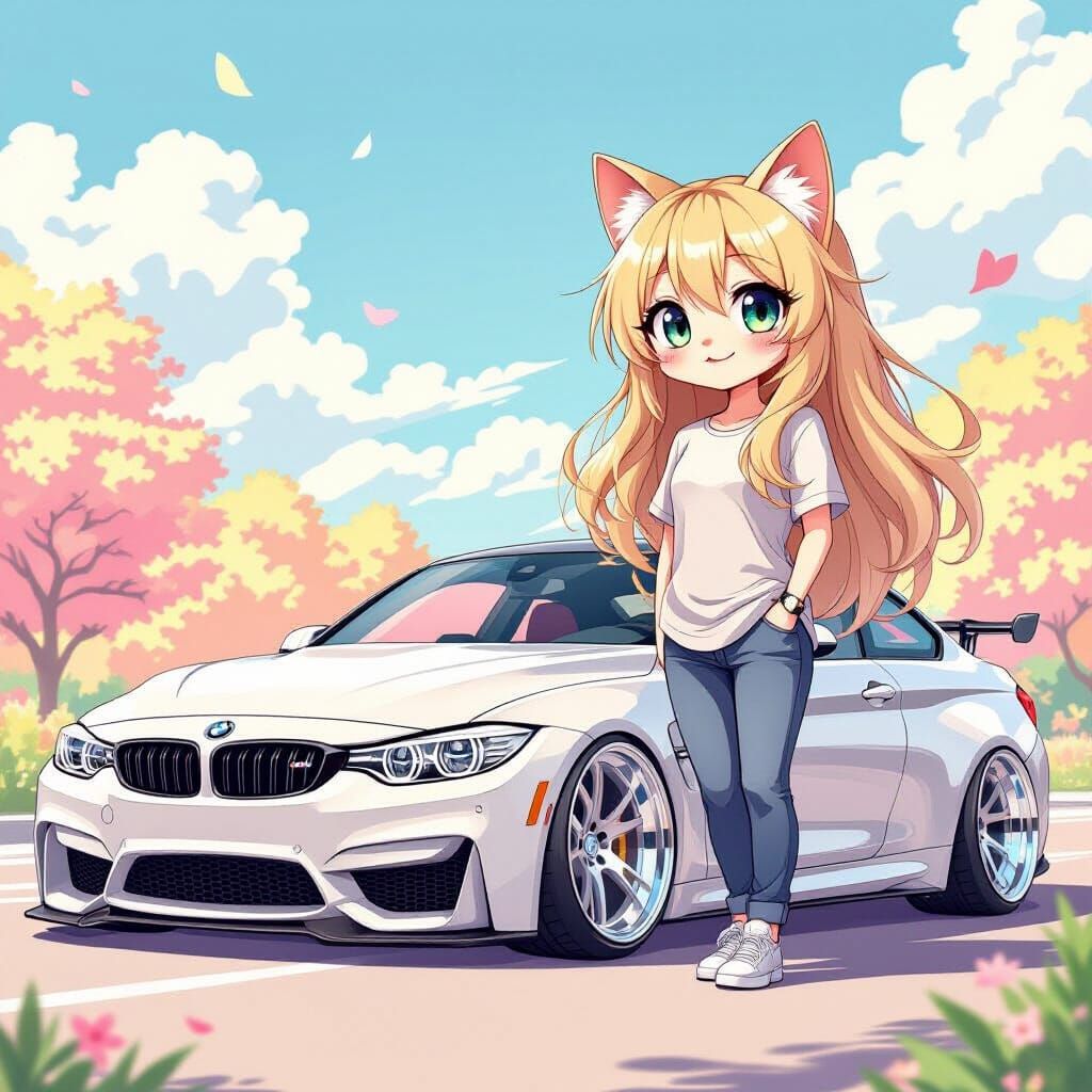 Anime Cat Girl with Custom BMW M3 in Kawaii Style
