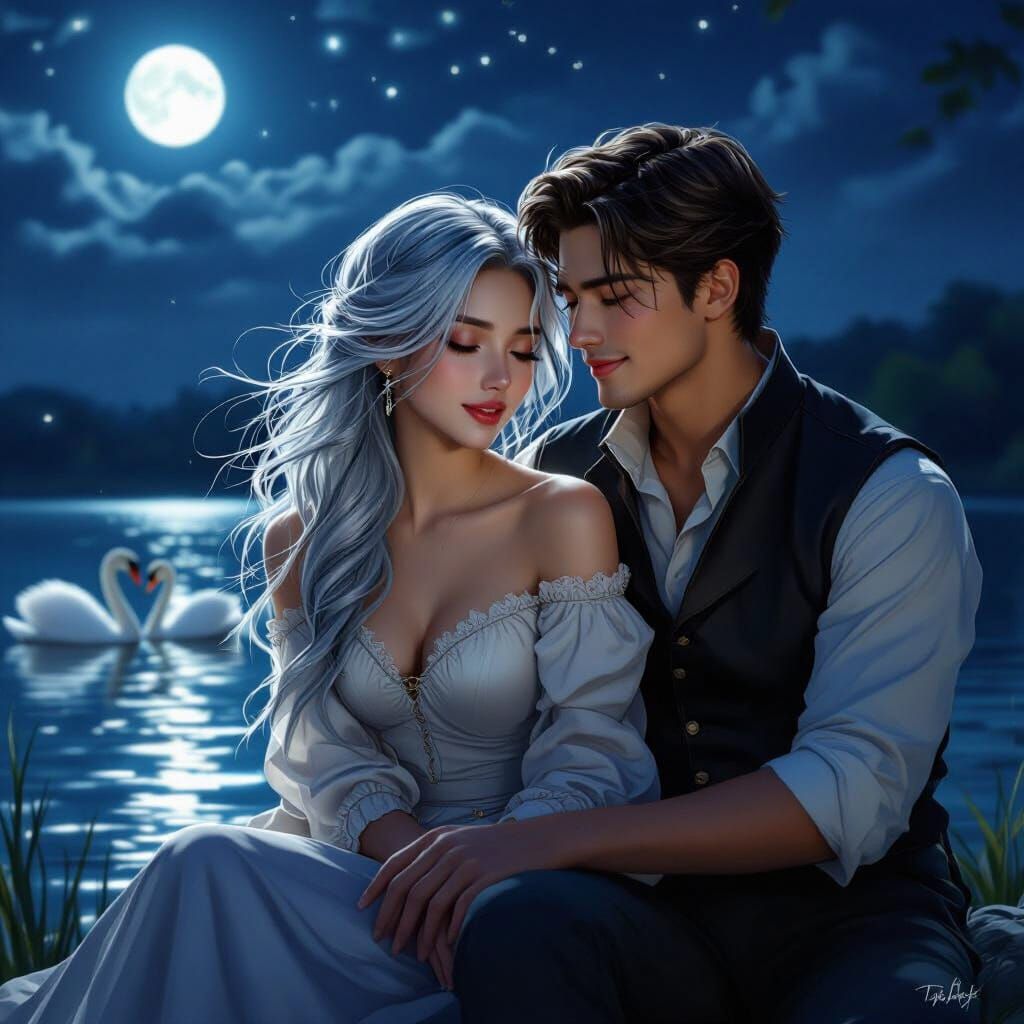 Romantic Couple by Moonlight Lake, Hyperrealistic