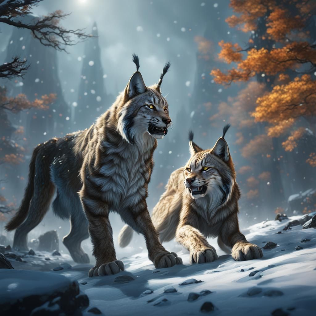 Lynx and Wolves Battle in Fantasy Art Style