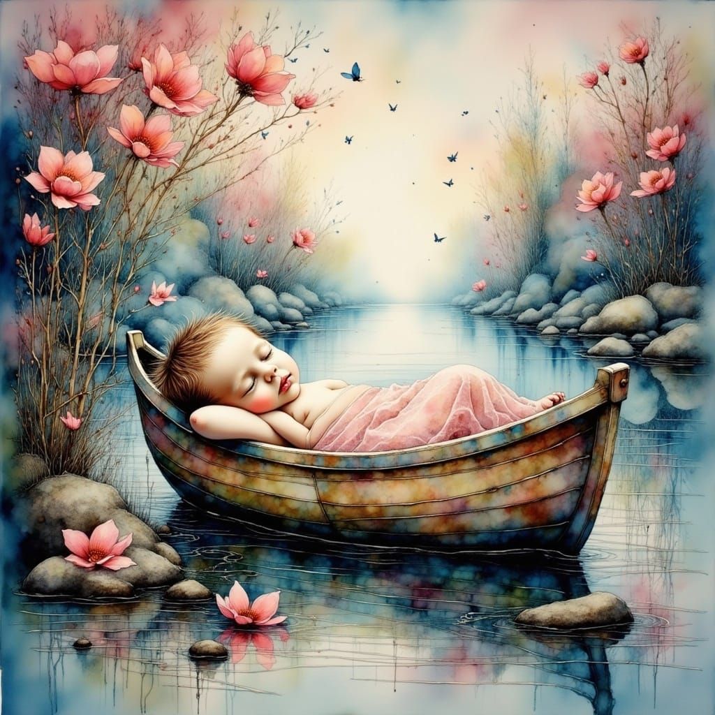 <lora:Ink Poet:1.0> Photo of a newborn baby lying in a boat, in a village lake, surrounded by trees and butterflies, dur...