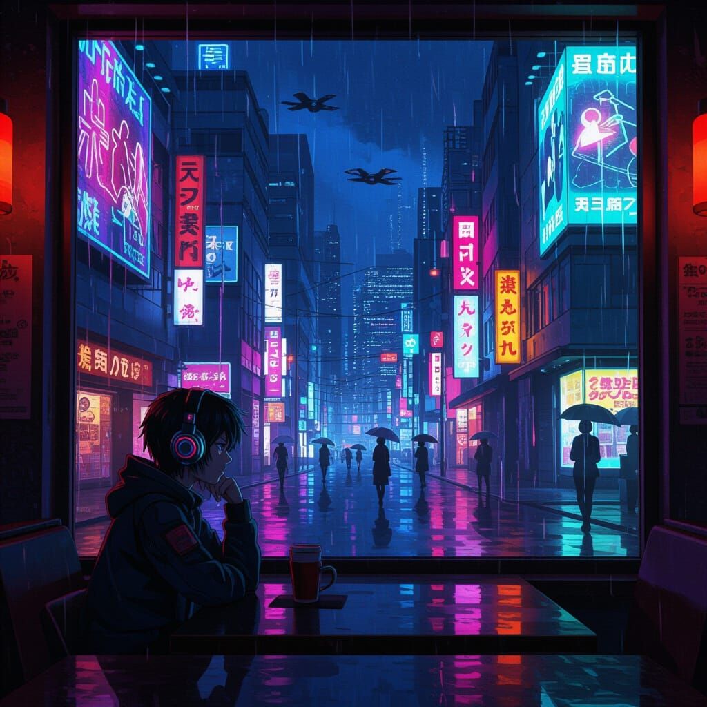 Cyberpunk City Night: Anime Cafe Scene