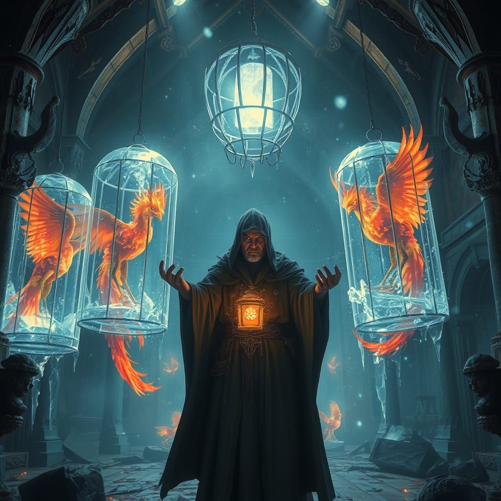 Flaming birds imprisoned in translucent ice cages, a mystica...