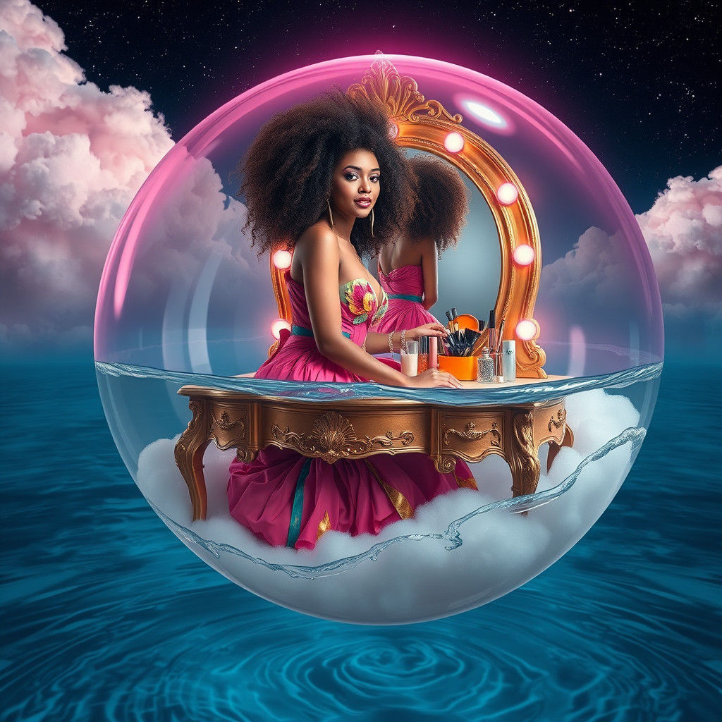 Dreamlike Woman at Vanity on Pink Cloud