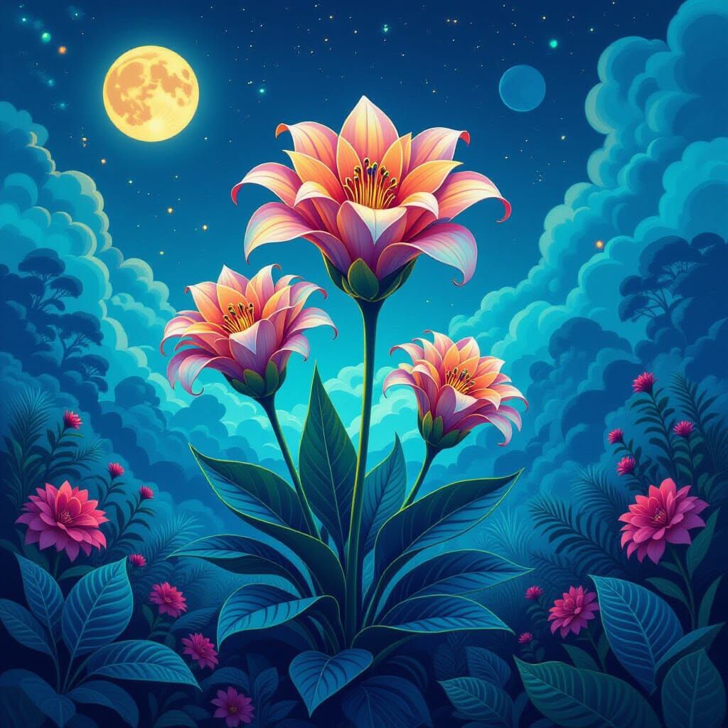 Exotic Bioluminescent Flowers in Dreamlike Landscape