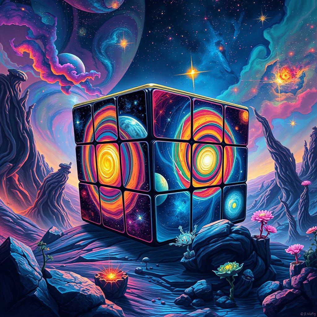 Glowing Cosmic Rubik's Cube in Vibrant, Futuristic Landscape
