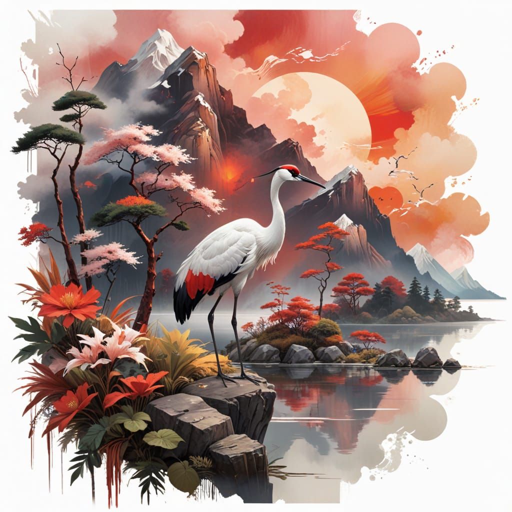 Surreal Abstract Landscape with Majestic Crane and Dramatic ...