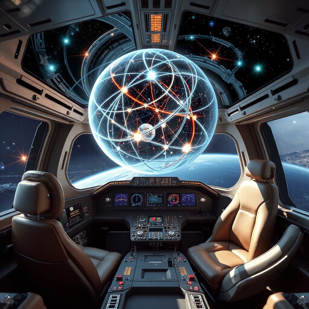 Futuristic Spaceship Control Room with Swirling Galactic Gui...
