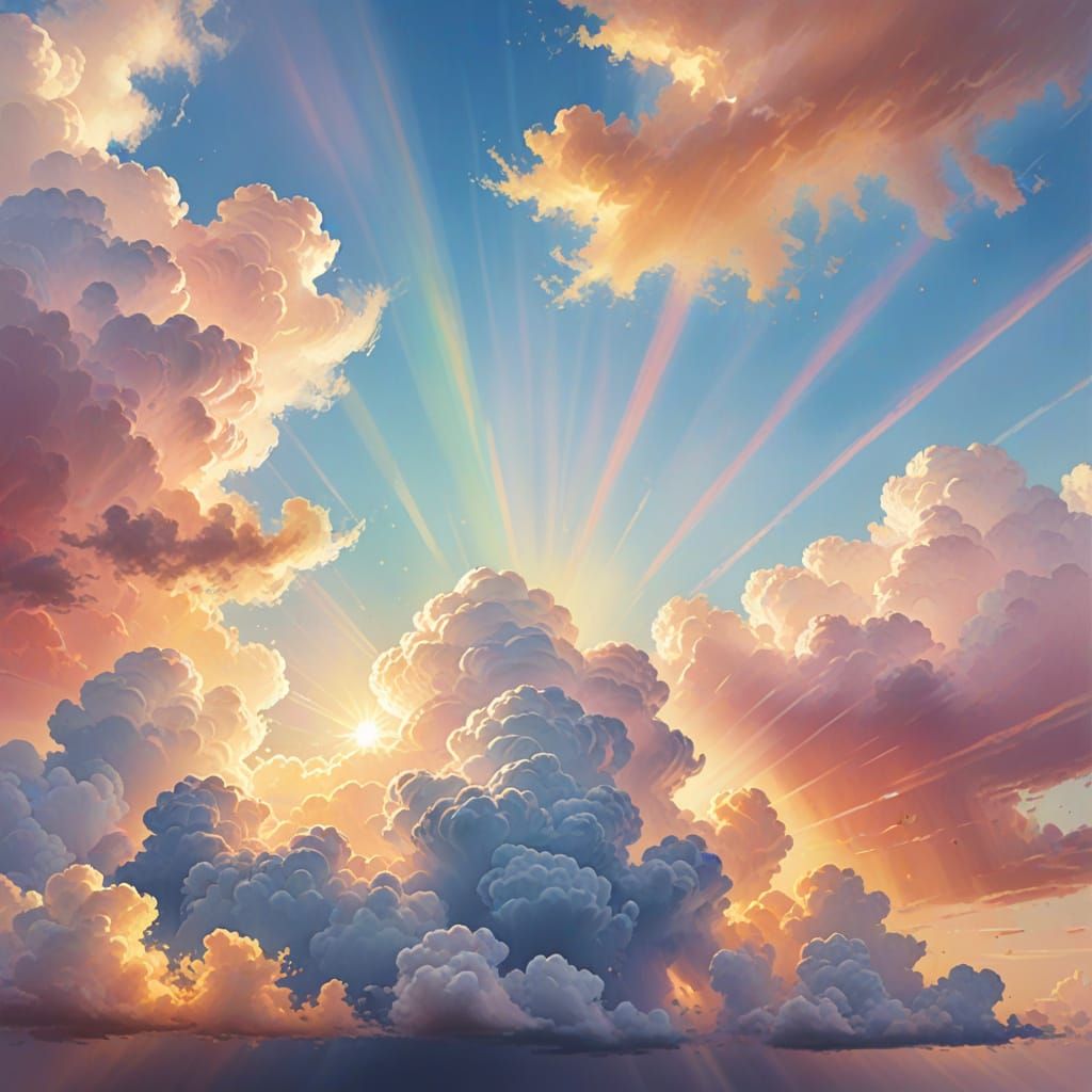 Rainbow Sky Digital Painting with Sunshine Beams