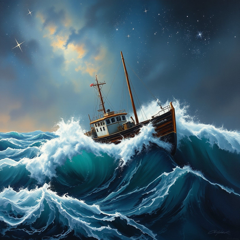 Norwegian Fishing Boat in Storm, Moran-Style Oil Painting