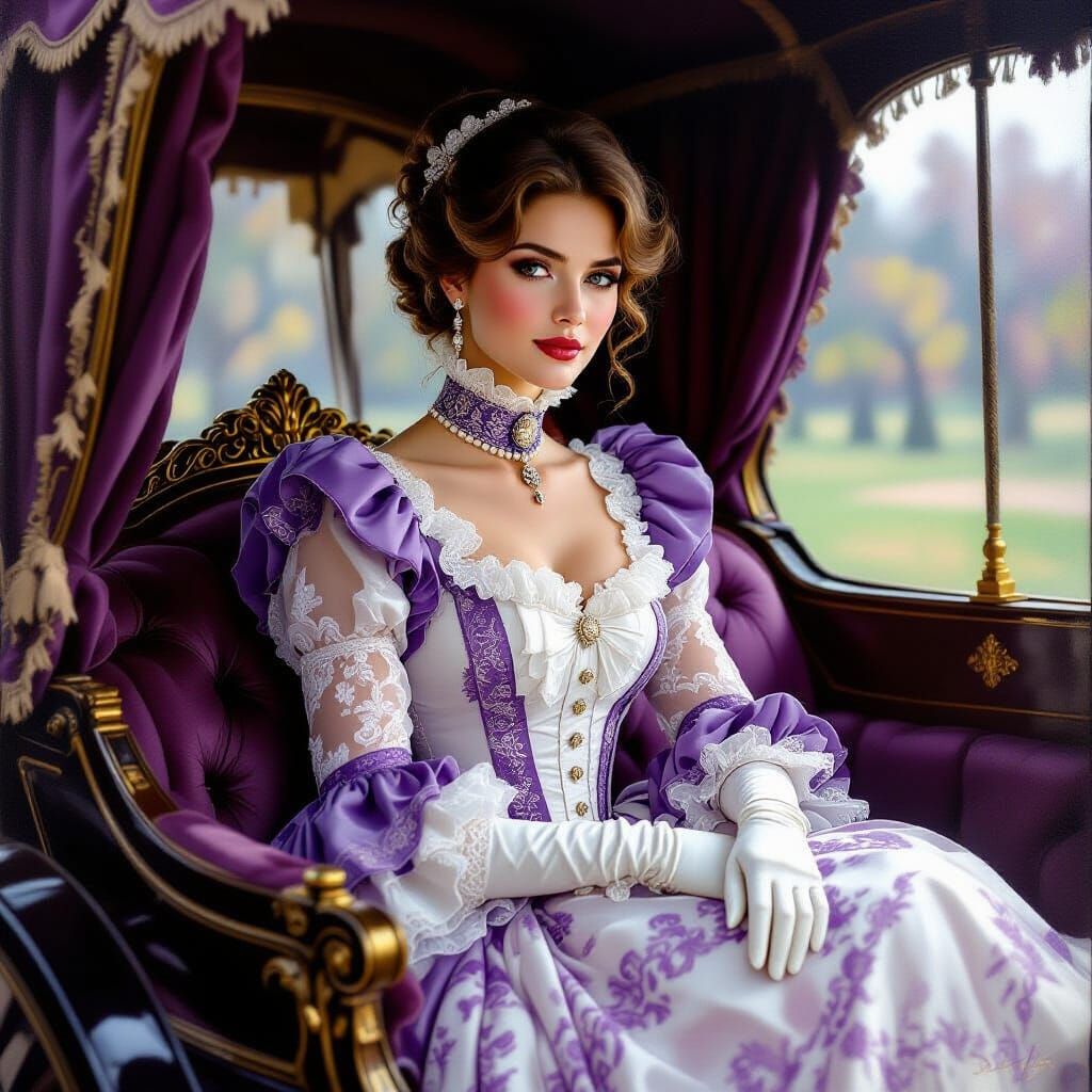 Victorian Lady in Lace Carriage, Oil Painting Style